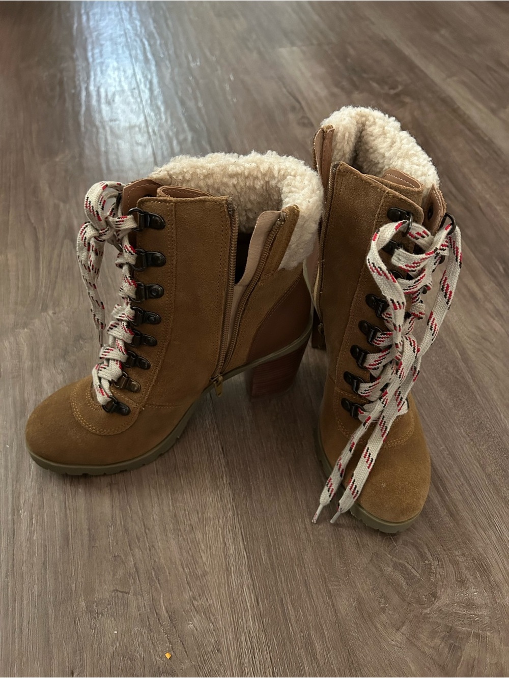 Crevo Tan Suede Lace-Up Heeled Boots with Cream Faux-Shearling Collar